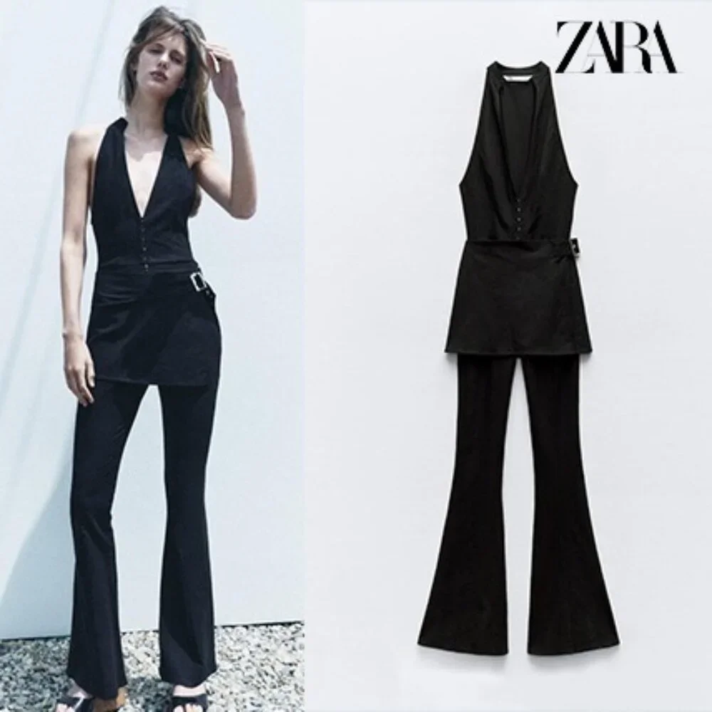 Zara Linen Blend Halter Jumpsuit with Skirt